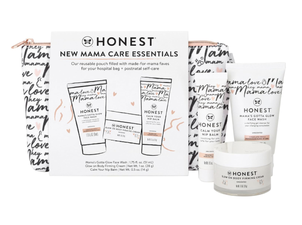 The Honest Company New Mama Care Essentials Gift Set | Hospital Bag Must Haves | Travel Size Nip Balm (0.5 oz), Glow On Body Cream (1 oz), Gotta Glow Face Wash (1.75 fl oz), Reusable Pouch